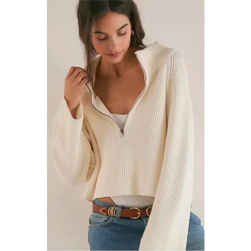 NEW Free People Sugar Ivory Greta Half Zip Pullover Sweater Sz XL NWOT